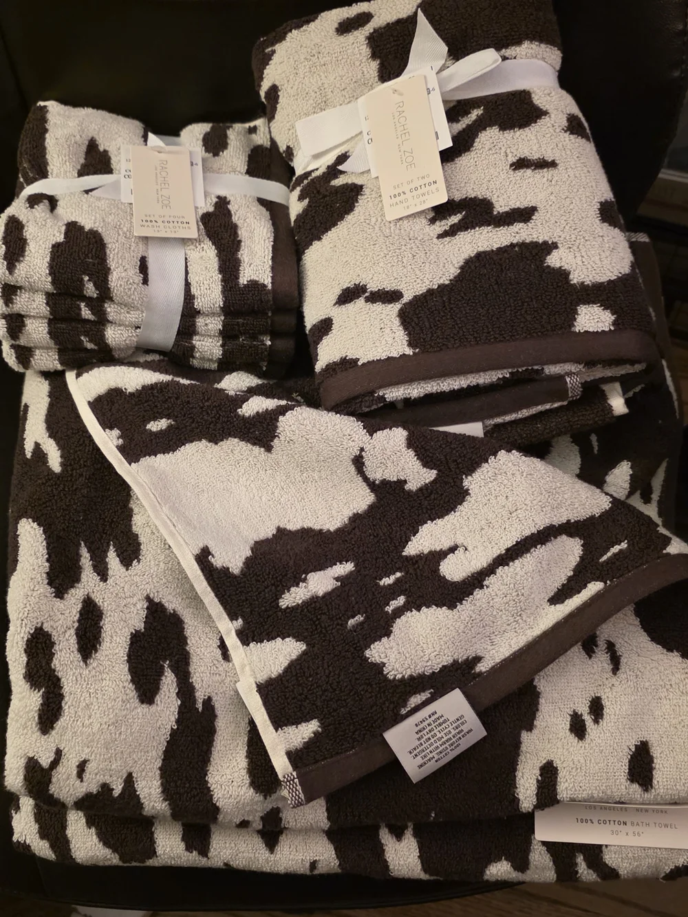 Rachel Zoe Black & Cream Cow Hide Patterned Bath Towel Set
